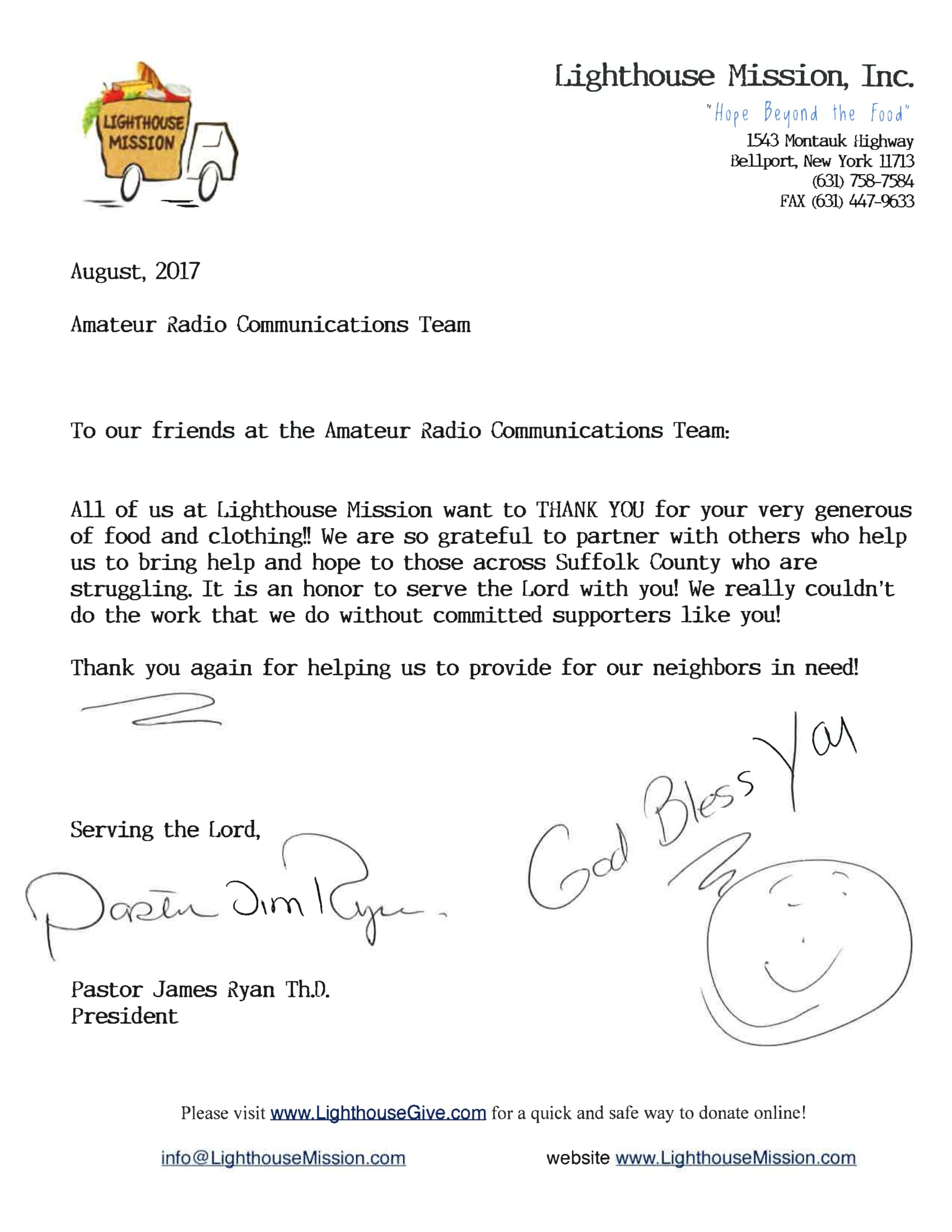 Lighthouse Mission Appreciation Letter