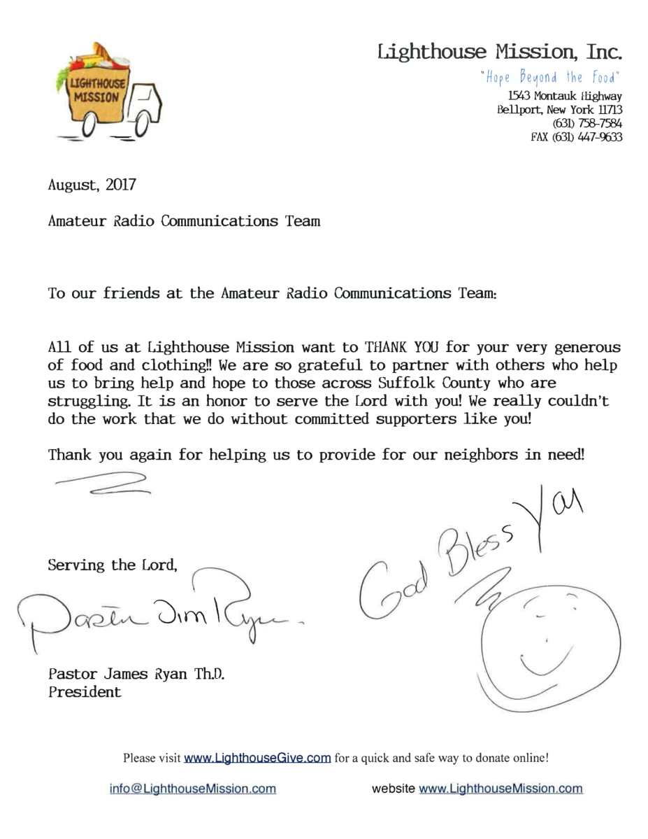 Lighthouse Mission Appreciation Letter